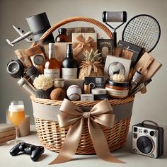 a basket filled with lots of different items next to a camera and a glass of wine