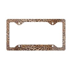 an animal print license plate frame on a white background with the word's name in leopard