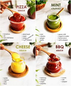 four different types of sauces in small bowls and on wooden spoons with text below