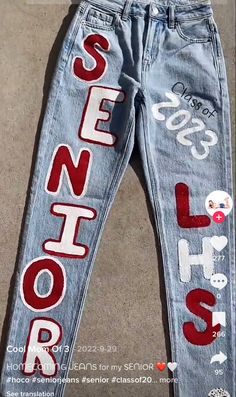 Decorated Senior Jeans, Black And Gold Senior Jeans, Blue And Gold Senior Jeans, Senior Jean Inspiration, Senior Overalls Black And Gold, Senior Sweatpants Ideas, Senior Jeans Red And White, Senior Jeans Cheer, Senior Jean Painting Ideas