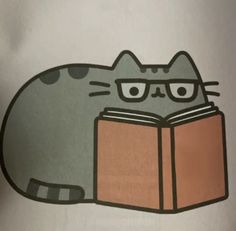 a cat reading a book with glasses on its face and eyes drawn on the cover