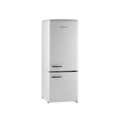 a white refrigerator freezer sitting on top of a white floor next to a wall