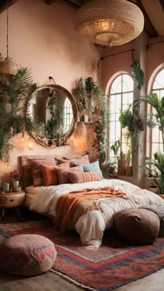 a large bed sitting in the middle of a bedroom next to two round mirrors and potted plants