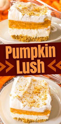 two slices of pumpkin lush cake on white plates