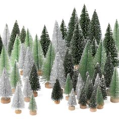 a group of trees that are standing in the snow with white and green decorations on them