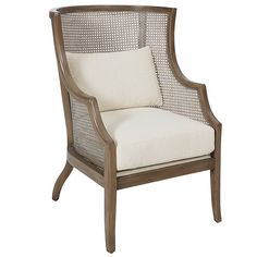 the arm chair is made from wood and has white cushions