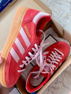 my new adidas spezial shoes! Handball bright red clear pink ❤️💗 Adidas Spezial Red And Pink, Addidas Shoes Pink, Adidas Spezial Red, Adidas Handball Spezial, Cute Sneakers, Adidas Outfit