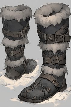 a pair of boots with fur on them sitting in the snow and one is wearing buckles