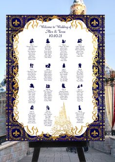 a wedding seating chart is shown in front of a castle with blue and gold trim