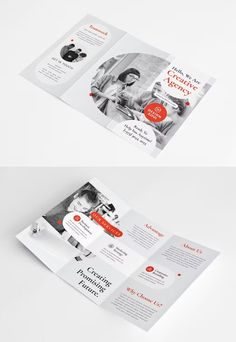 two fold brochure mockup templates with red and white designs on them