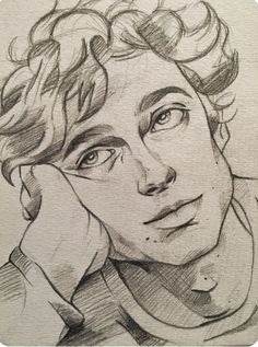 a pencil drawing of a man with curly hair looking to the side and holding his hand near his face