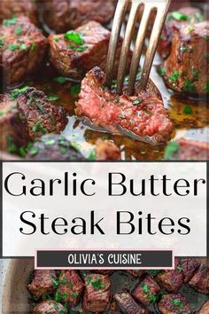 garlic butter steak bites in a skillet with a fork