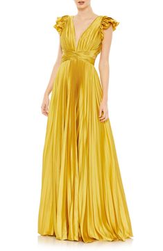 Plunge Neck Pleated A-Line Gown IEENA FOR MAC DUGGAL color chartreuse Red Carpet Dresses Prom, Neutral Dresses, Formal Dresses With Sleeves, Couture Candy, Western Chic, Engagement Dresses, Holiday Party Dresses, Mac Duggal, Satin Gown