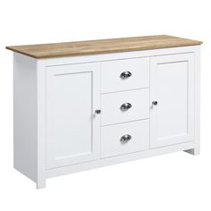 a white cabinet with drawers and wooden top