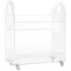 a clear plastic shelf with wheels on the front and bottom, for storing items or other things