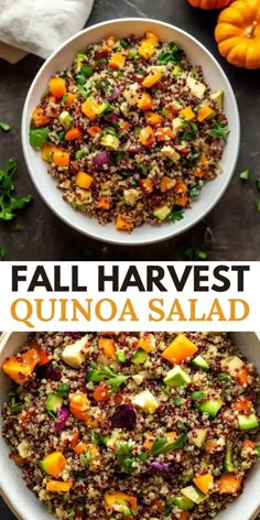 two bowls filled with quinoa salad on top of a table next to pumpkins