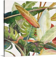 a painting of leaves and other plants on a white background