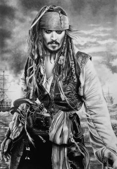 a black and white photo of a man in pirate costume