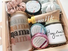 a wooden box filled with personal care items