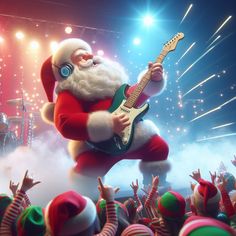 santa claus playing guitar in front of a crowd