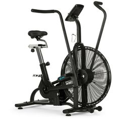 an exercise bike with a fan on the front and back wheels, sitting upright against a white background