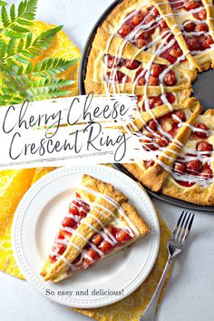 cherry cheese crescent ring on a plate next to a pie with the words cherry cheese crescent ring