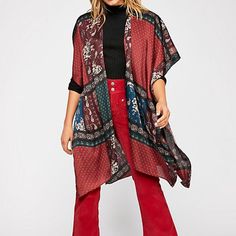 Free People Mon Cheri Silky Patchwork Kimono One Size New With Tag Printed Silky Patchwork Kimono Featuring An Open Design With Flowy Sleeves And Side Slits. Semi-Sheer Armholes Care/Import Machine Wash Cold Import Measurements For Size One Size Length: 38.5 In Free People Kimono, Patchwork Kimono, Kimono Floral, Maxi Kimono, Hidden Hills, Bohemian Kimono, Free People Style, Kimono Pattern, Red Paisley