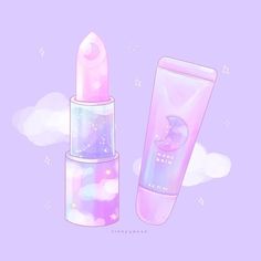 two pink lipsticks are next to each other on a purple background with white clouds