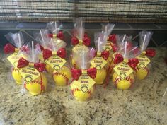 plastic bags filled with baseballs sitting on top of a counter