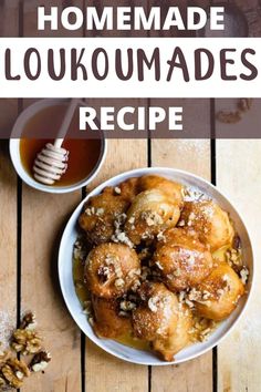 homemade loukoumades recipe in a white bowl on a wooden table with honey