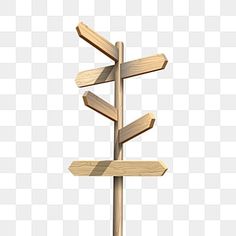 a wooden sign post with four arrows pointing in different directions, on a white background