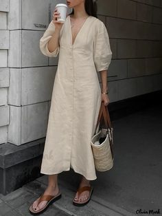 Olivia Mark - Classic V-Neck Vacation Dress with Button Detailing V Neck Shirts, Collared Shirt Dress, Bohol, Maxi Shirt Dress, Linnet, Dresses Elegant, Tea Length Dresses, Loose Outfit, Midi Shirt Dress