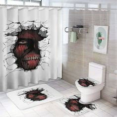 a bathroom with a shower curtain and rugs that have been torn open to reveal a demonic face