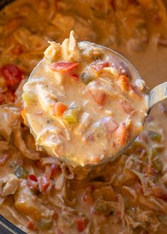 a spoon full of chicken and rice casserole