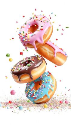 three donuts with sprinkles are stacked on top of each other in the air