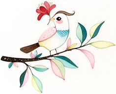 a watercolor painting of a bird on a branch with pink flowers and green leaves