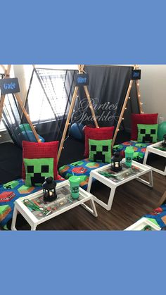 a room filled with tables and chairs covered in decorations