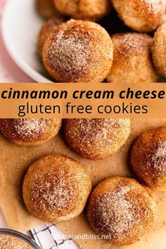 cinnamon cream cheese gluten free cookies on a cutting board with a bowl of powdered sugar