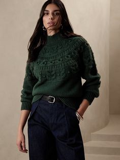 Couronne Sweater | Banana Republic Irish Knit Sweaters, Cotton Cable Knit Sweater, Dark Green Sweater, Lawyer Outfit, Oversized Striped Sweater, Retro Sweater, Cable Sweater, Banana Republic Sweater, Beautiful Knitting