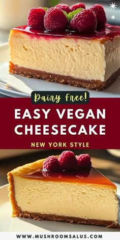 two cheesecakes with raspberries on top and the words easy vegan cheesecake new york style