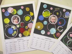 three calendars with pictures of children's faces on them