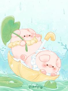 two little pigs are sitting in the rain