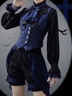 Ouji Fashion Dark Blue Waistcoat Black Butler Ciel Phantomhive Vibes Dark Blue Clothes, Prince Dress, Vintage Waistcoat, Blue Overlay, Prince Clothes, Black Butler Ciel, Blue Vest, Blouse Skirt