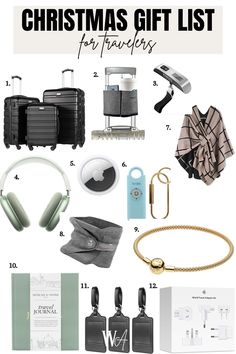 christmas gift list for travelers with headphones, luggage and other things to put in them