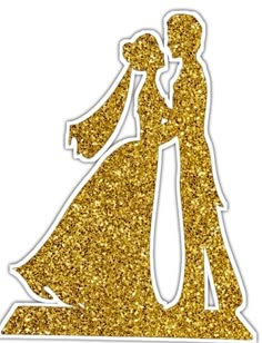 the silhouette of a bride and groom in gold glitter