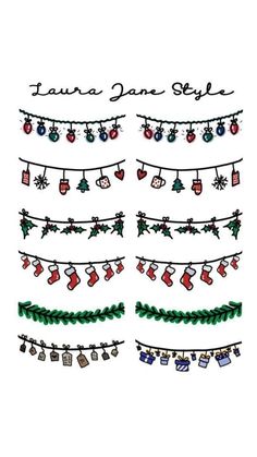 christmas garlands and stockings hanging from clothes line with name written on the strings in black ink