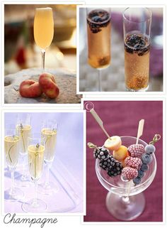 there are four different shots in glasses with fruit on the top and champagne below them