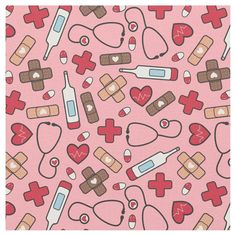 a pink background with red hearts, nurse's tools and medical equipment on it