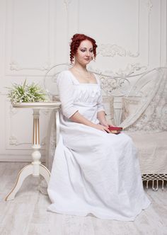 This white Regency dress with stripes pattern is a perfect choice for tea garden party or another occasion with empire dress-code. The dress closes on front lacing, which allows to vary sizes and makes the gown suitable for nursing. The front panel is closed on two small pearl buttons. Underbust is regulated by textile girdle. Costume copy of different materials and different colours is available. Please, don't hesitate contacting me for asking more questions about measurements, costume kit deta White Regency Style Prairie Dress With Empire Waist, Elegant Empire Waist Prairie Dress For Garden Party, Elegant White Dress For Tea Party, Elegant White Prairie Dress With Fitted Bodice, White Regency Dress, Tea Garden Party, 1800s Dresses, Regency Era Fashion, Tea Gown