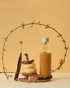 an assortment of items displayed in front of a circular frame with yellow flowers and leaves